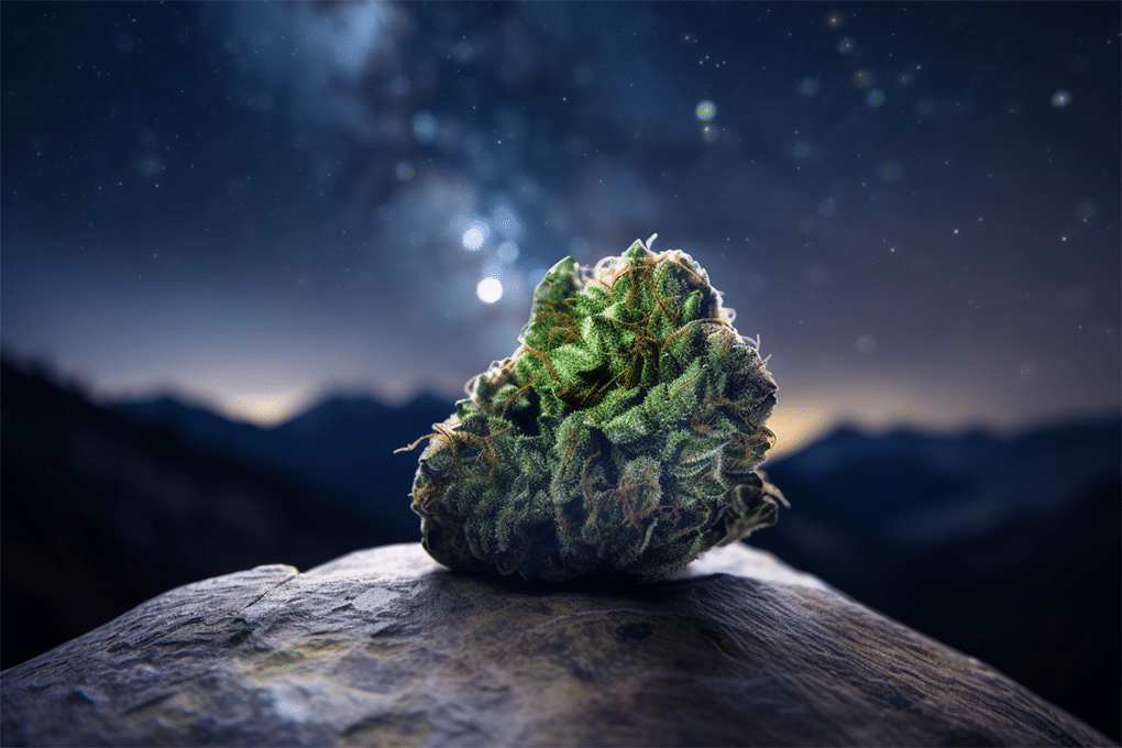 image of a cannabis flower in front of a starry night backdrop